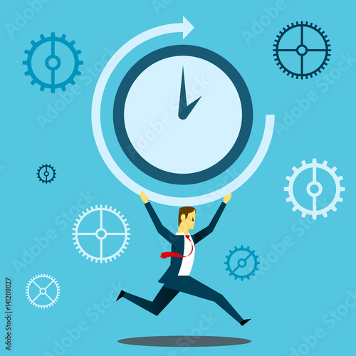 Run up progress. Businessman running carrying a giant clock. Concept business vector illustration.