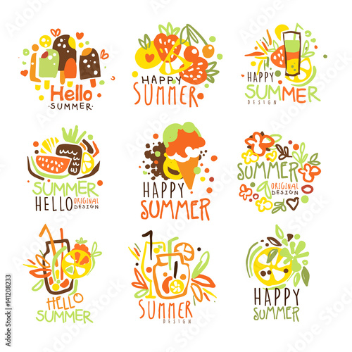 Happy Summer Vacation Sunny Colorful Graphic Design Template Logo Series, Hand Drawn Vector Stencils