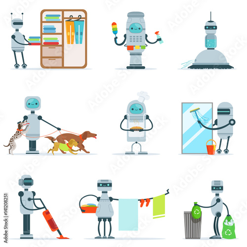 Housekeeping Household Robot Doing Home Cleanup And Other Duties Set Of Futuristic Illustration With Servant Android