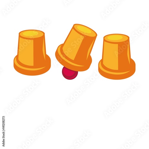 Shell game template with three thimbles and ball