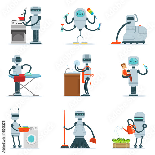 Housekeeping Household Robot Doing Home Cleanup And Other Duties Series Of Futuristic Illustration With Servant Android