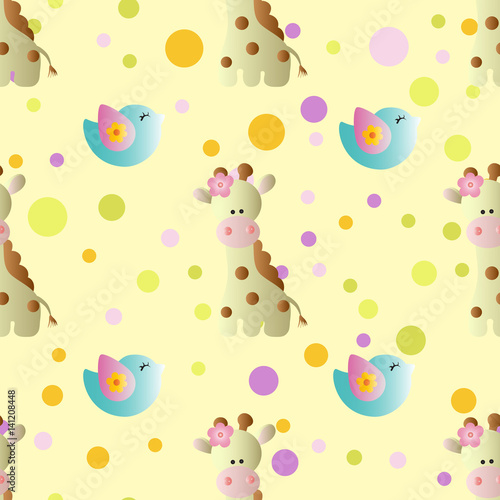 seamless pattern with cartoon cute toy baby giraffe, bird and Circles on a light yellow background
