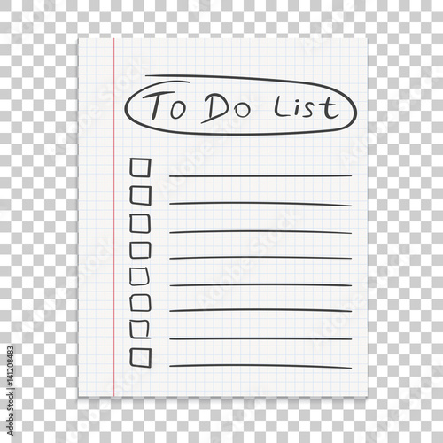 Realistic paper note. To do list icon with hand drawn text. School business diary. Office stationery notebook on isolated background