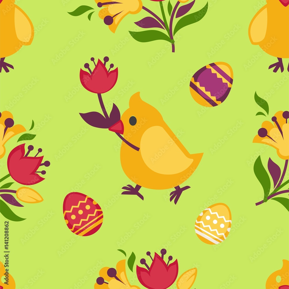 Easter seamless pattern with yellow chicken and eggs