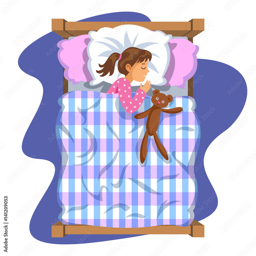 Sleeping brunette baby girl. Bedtime. Cartoon character girl. Kid sleep  bedtime in his bed with teddy bear. Vector Illustration. Stock Vector |  Adobe Stock