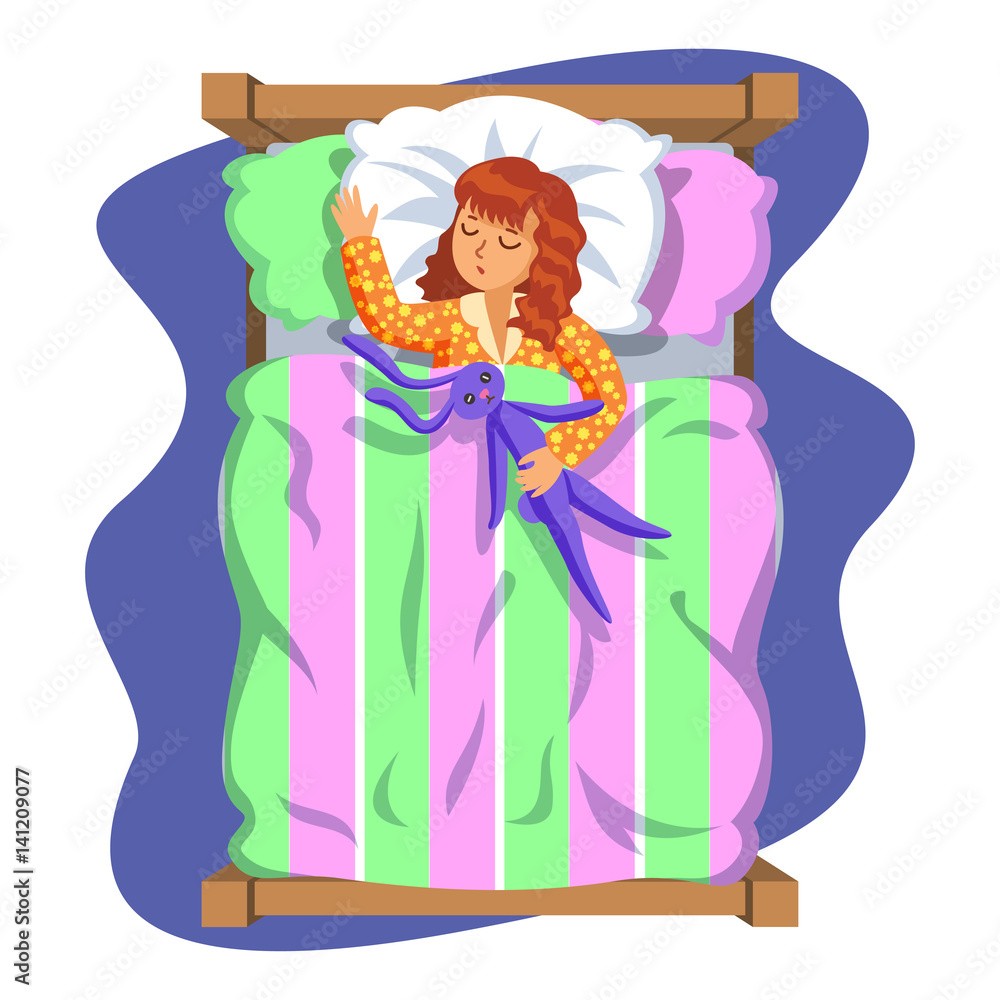 Little girl sleeping in her bed with toy bunny. Kid's activity. Good night  time. Vector Illustration. Modern flat style cartoon clipart. Stock Vector  | Adobe Stock
