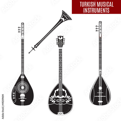 Vector set of traditional turkish musical instruments in black and white flat style