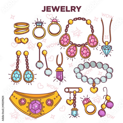 Jewelry items vector flat set isolated on white