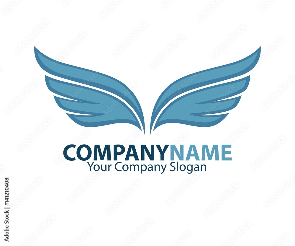 Company name emblem with blue bird wings drawn on white Company name emblem with blue bird wings drawn on white