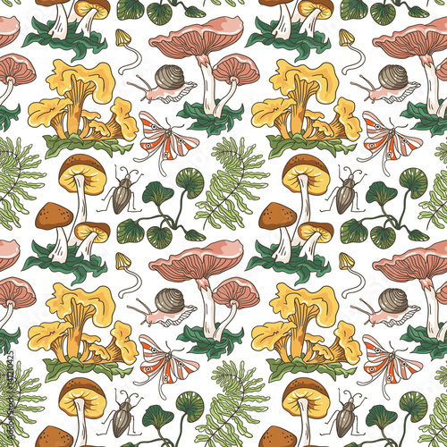 Vector seamless pattern background with different mushrooms, plants and insects. Bright hand drawn fabric or wrap paper design.