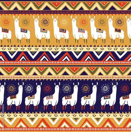 Seamless pattern with lamas and geometrical ornaments. Vector ethnic background. All the elements are hidden under the mask.