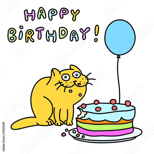 Fototapeta Naklejka Na Ścianę i Meble -  Funny cat with a cake and a balloon congratulates. Greeting card Happy Birthday. Vector illustration