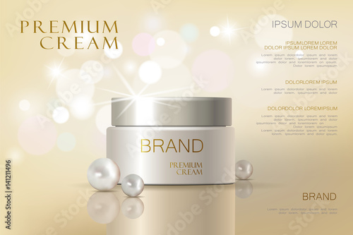 Premium VIP cosmetic ads, hydrating luxury facial cream for sale. Elegant soft color cream mask bottle isolated on glitter sparkles with pearls, gloss effect. 3D realistic