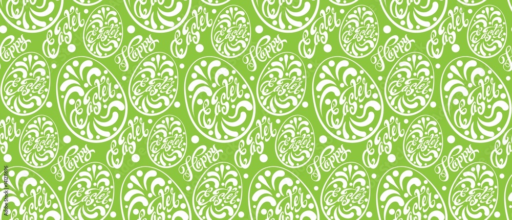 Happy Easter. Seamless green pattern with eggs. Text. Lettering design. Vector image Happy Easter. Seamless green pattern with eggs. Text. Lettering design. Vector image