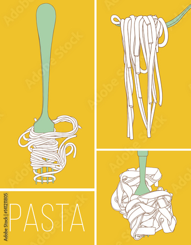 Spaghetti and fettuccine on the fork vector illustrations. Hand drawn pasta set. Italian cuisine design