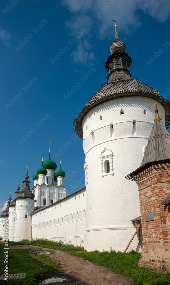 Summer view of medieval the Kremlin in Rostov the Great as part of The Golden Ring's group of medieval towns of the northeast of Moscow, Russia