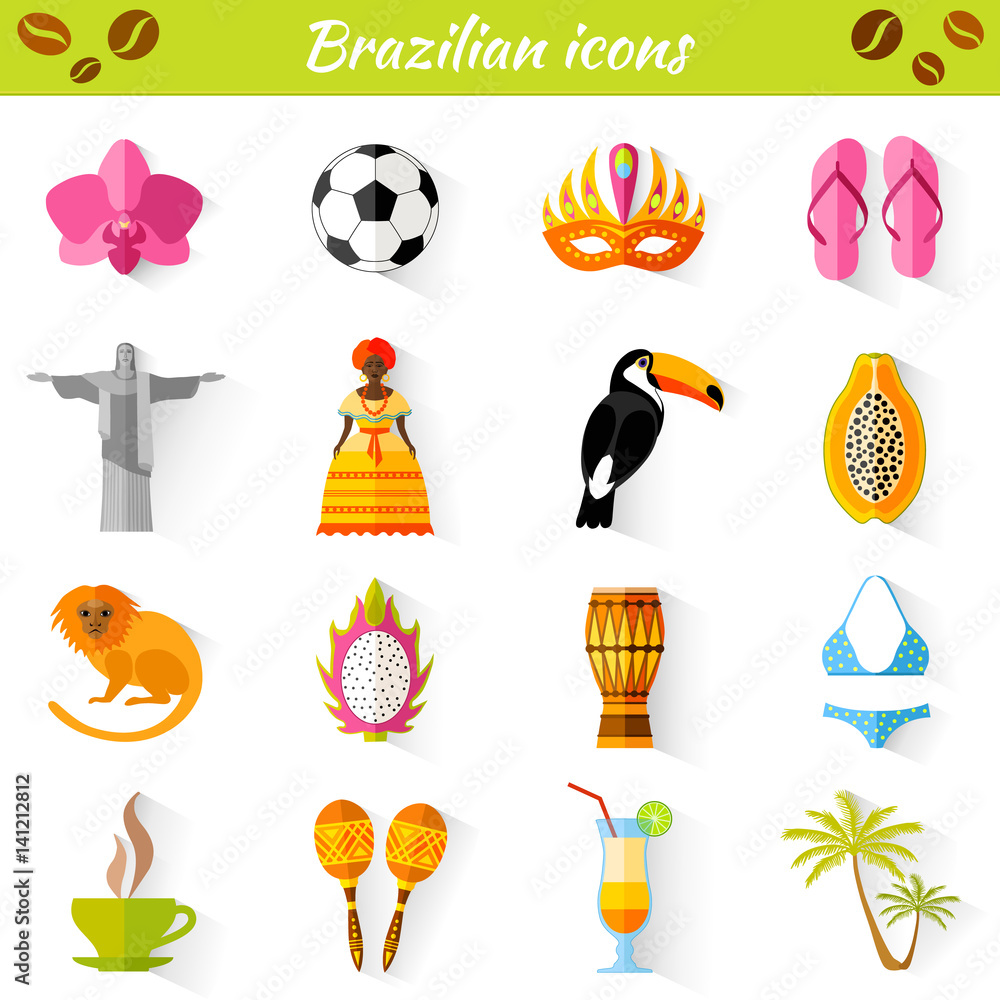 Set of vector travel Brazilian icons. Collection of famous symbols and design elements in Brazilian style. Set of vector travel Brazilian icons. Collection of famous symbols and design elements in Brazilian style.