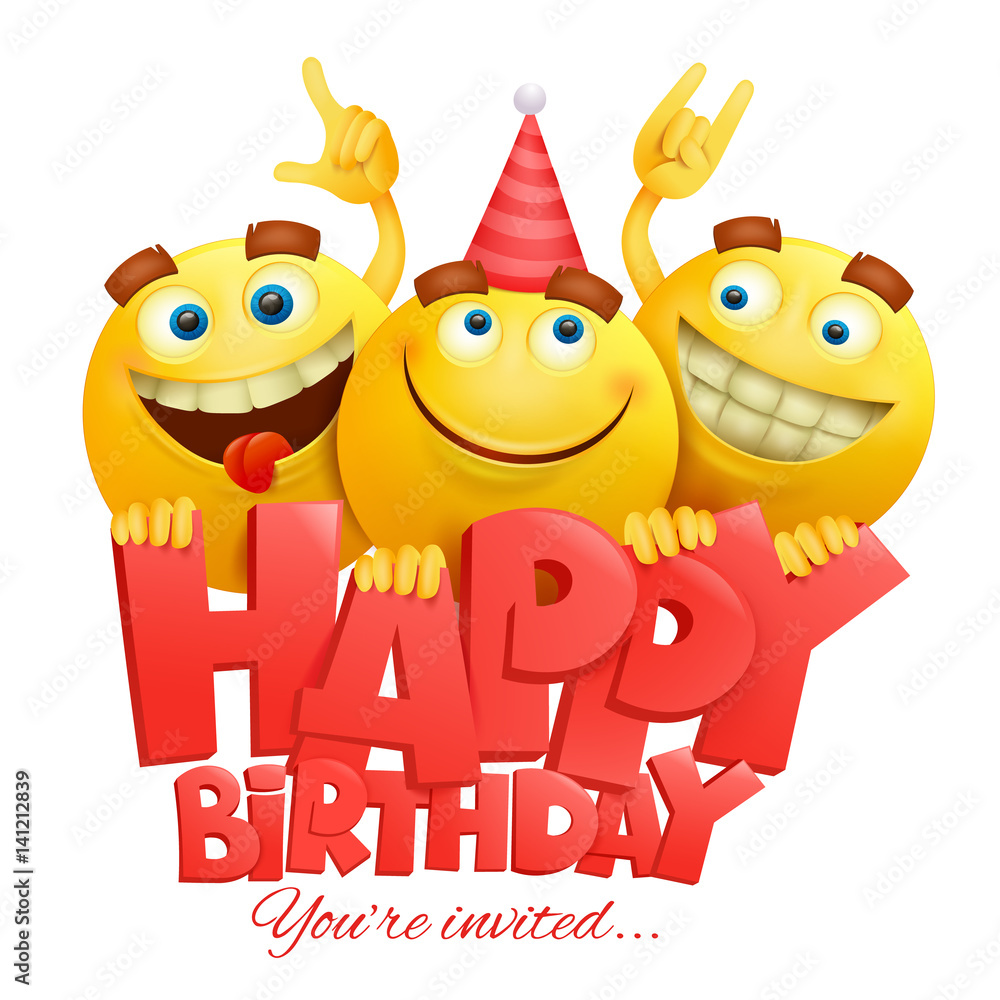 Smiley yellow faces emoji characters Happy birthday card Stock Vector Smiley yellow faces emoji characters Happy birthday card Stock Vector
