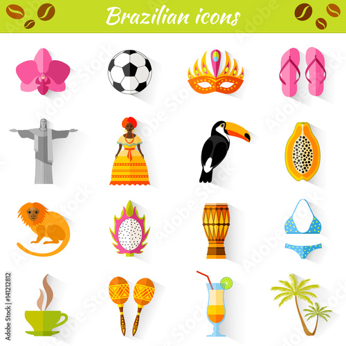 Set of vector travel Brazilian icons. Collection of famous symbols and design elements in Brazilian style.