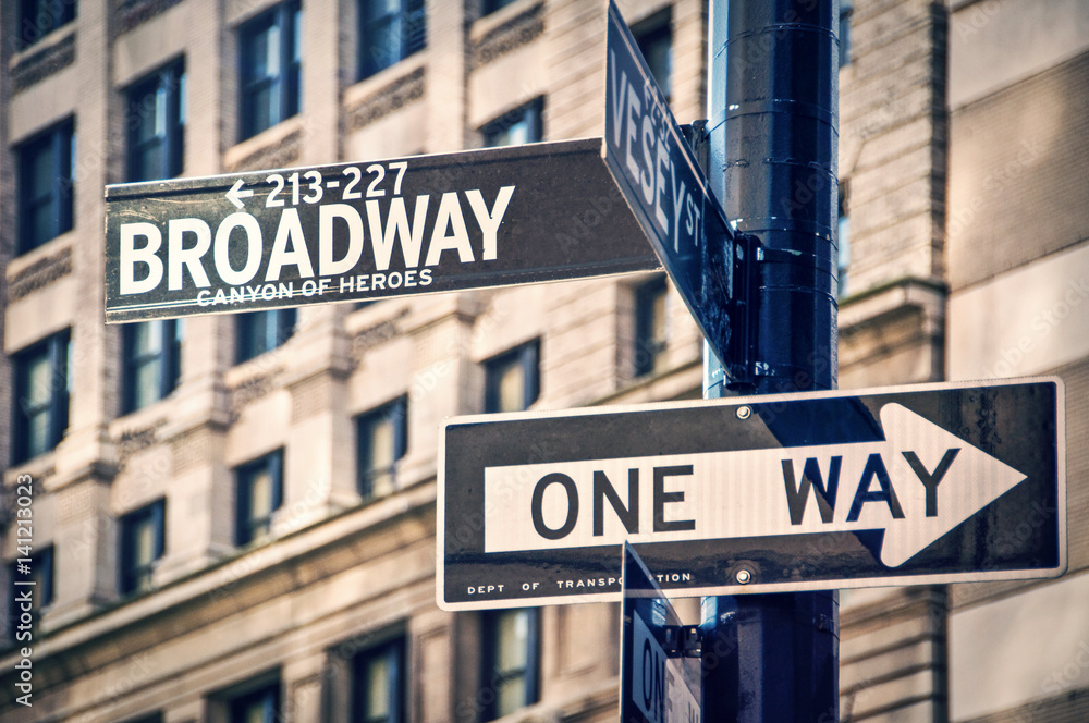 Broadway written on a roadsign, in New York City, USA