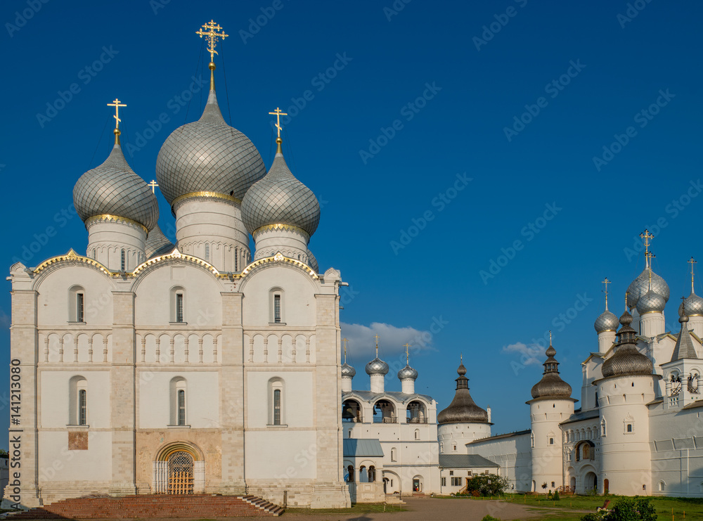 Summer view of medieval the Kremlin in Rostov the Great as part of The Golden Ring's group of medieval towns of the northeast of Moscow, Russia. Included in World Heritage list of UNESCO.