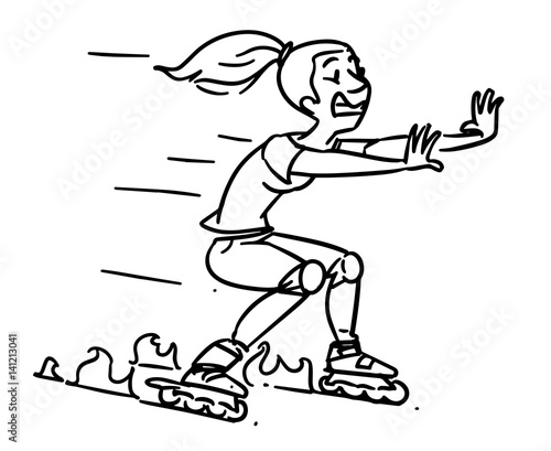 Roller skates accident. Girl on Inline Skates. Cartoon sketch illustration