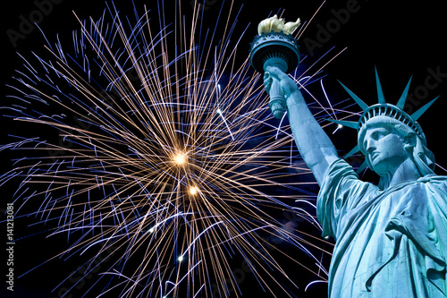 Statue of Liberty, night sky with fireworks, New York, USA