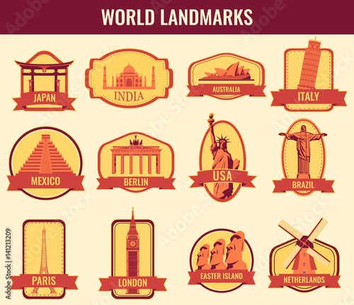 Famous monuments and landmarks collection labels. Travel and Tourism concept. Vector