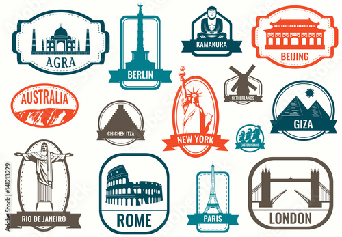 Famous monuments and landmarks collection labels. Travel and Tourism concept. Outline icons. Vector