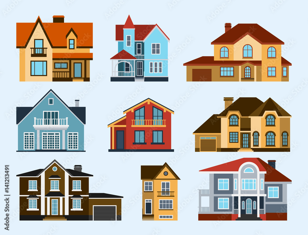 Houses front view vector illustration building architecture home construction estate residential property roof set apartment housing cottage