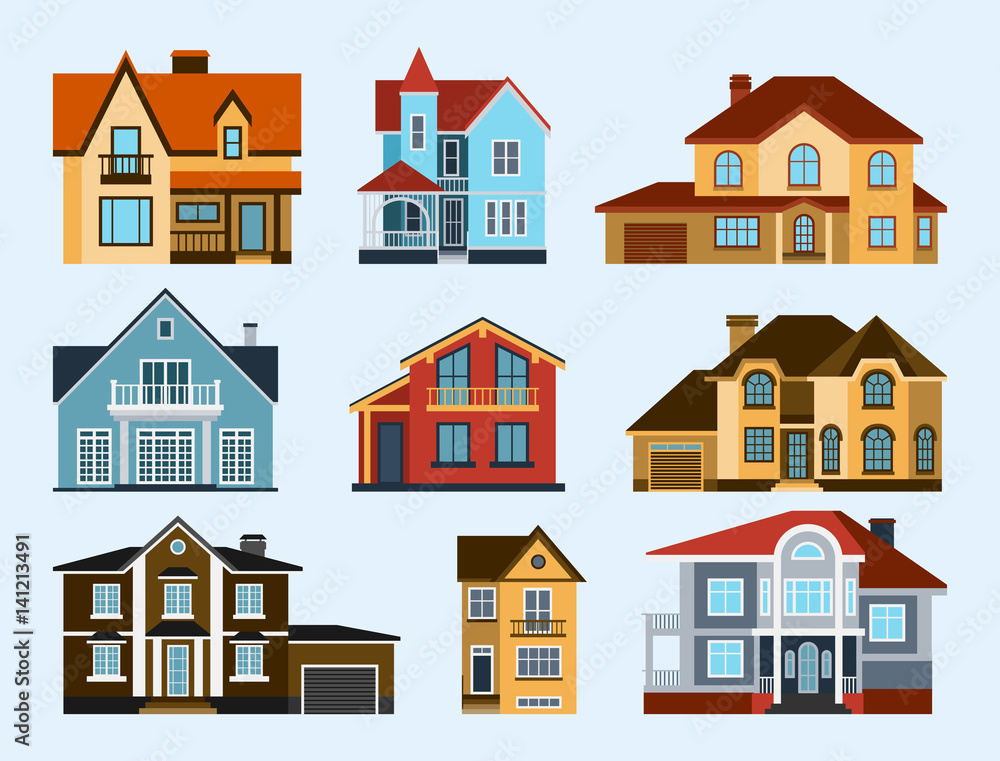 Houses front view vector illustration building architecture home construction estate residential property roof set apartment housing cottage Houses front view vector illustration building architecture home construction estate residential property roof set apartment housing cottage