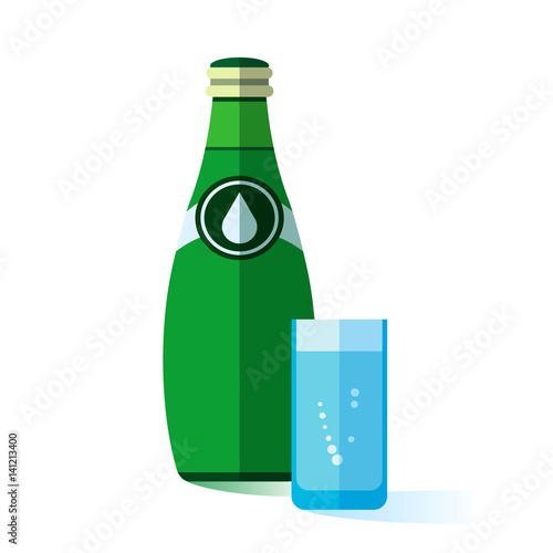 Bottle vector icon. Green glass bottle and glass with water isolated on white background. Flat style vector illustration