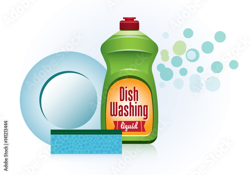 Vector kitchen dishwashing liquid bottle, clean plate and sponge. Isolated on white background. Vector illustration, icon. Hygiene concept