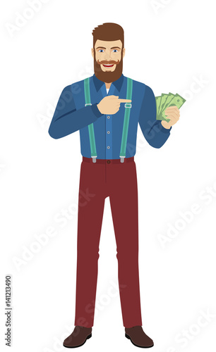 Hipster pointing at money in his hand