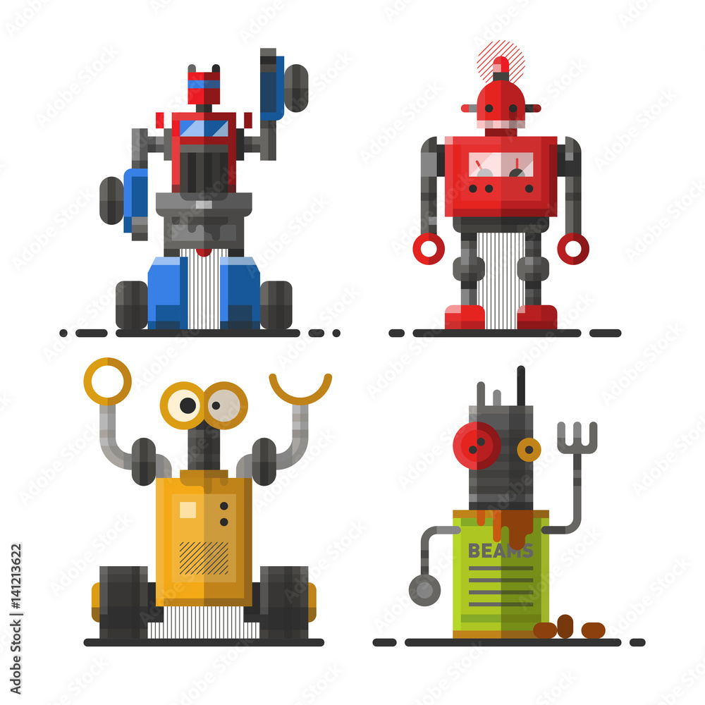 Fototapeta premium Cute vintage robot technology machine future science toy and cyborg futuristic design robotic element icon character vector illustration.