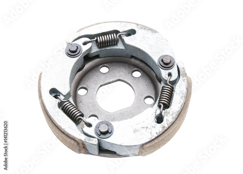 two brake discs and brake pads on a white background. car parts