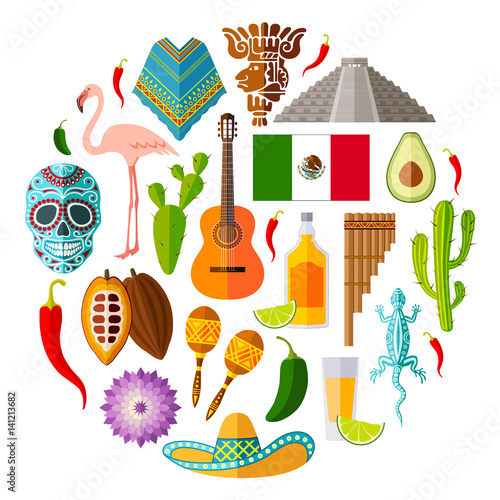 Traditional national symbols of Mexico. Set of Mexican icons. Vector illustration in flat style. Collection of souvenirs, attributes and design elements.