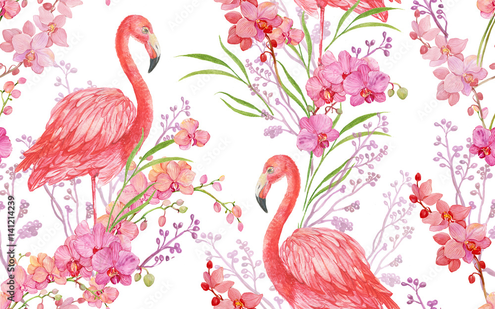 Fototapeta premium seamless pattern floral background bird pink Flamingo and Orchid