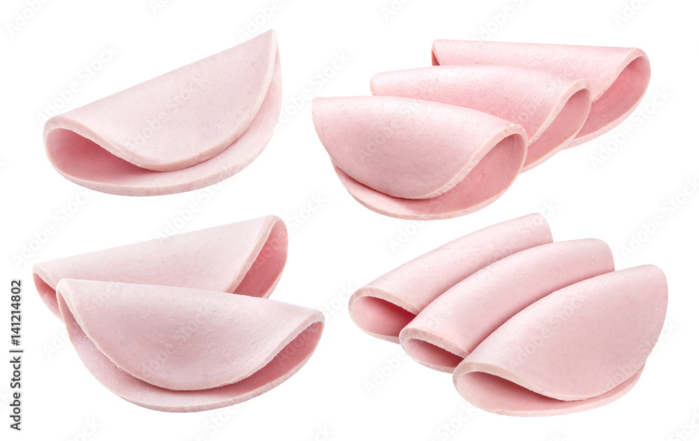 Sliced boiled sausage isolated on white background Sliced boiled sausage isolated on white background