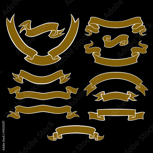 Set of 12 banner banners in a classic retro style on a black background. Ribbons with a white outline are easily editable. vector.