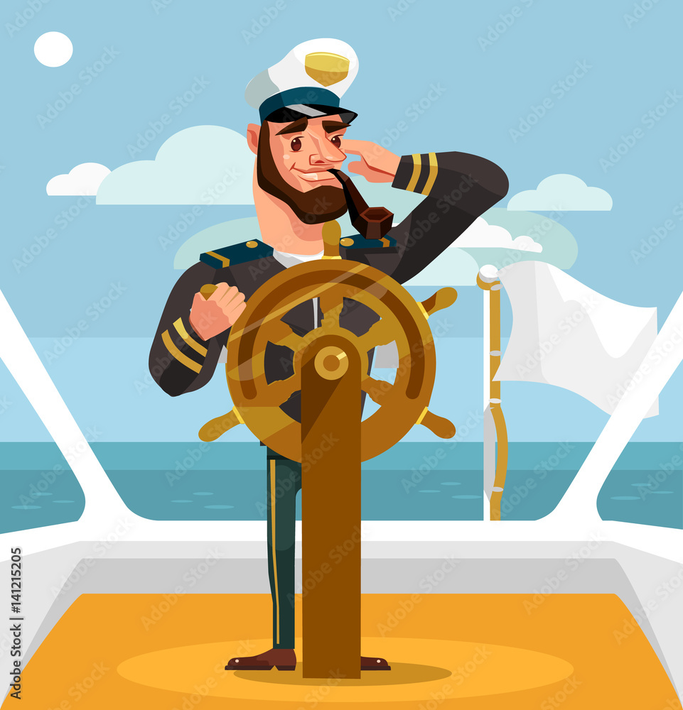Smiling happy captain character at helm. Vector flat cartoon illustration - obrazy, fototapety, plakaty 