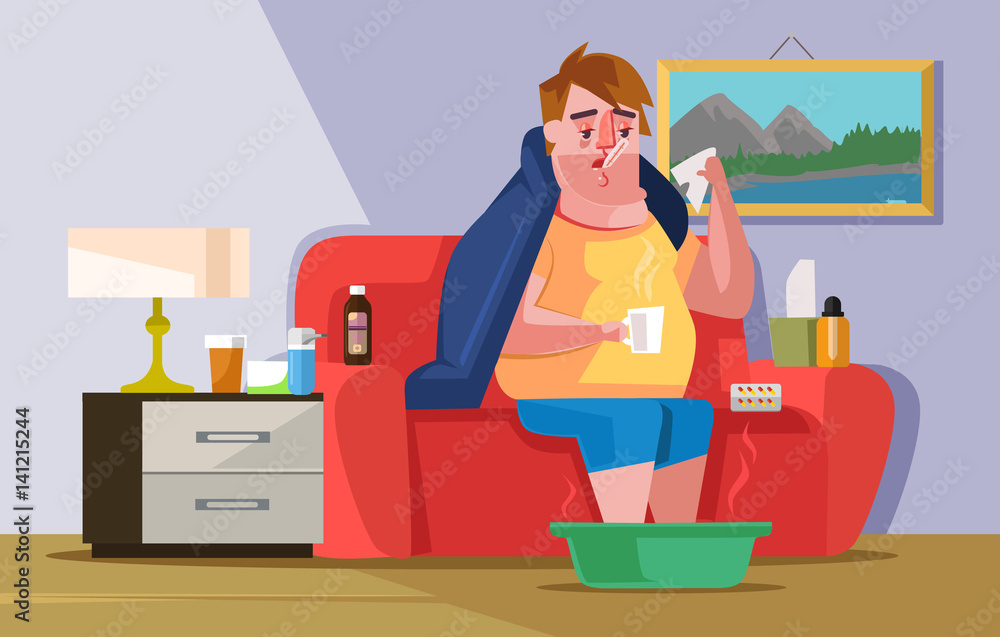 Sick ill sad man character having cold hold cup of hot tea. Vector flat cartoon illustration Sick ill sad man character having cold hold cup of hot tea. Vector flat cartoon illustration