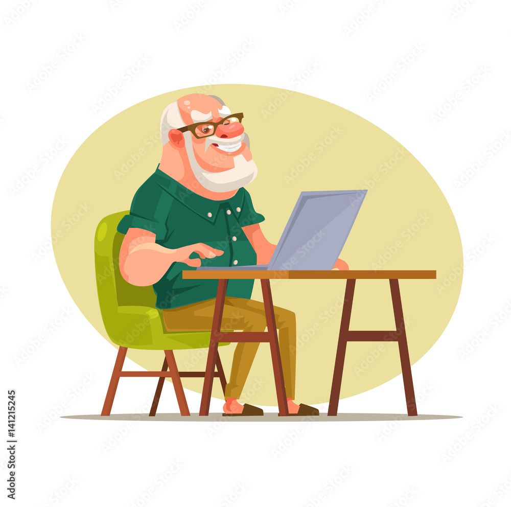 Elderly man character chatting on network. Vector flat cartoon illustration Elderly man character chatting on network. Vector flat cartoon illustration