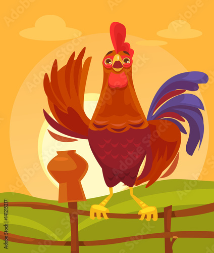 Happy rooster character crows in the morning. Vector flat cartoon illustration