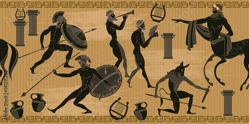 Ancient Greece scene seamless pattern. Black figure pottery. Ancient Greek mythology. Centaur, people, gods of an Olympus. Classical Ancient Greek style seamless background