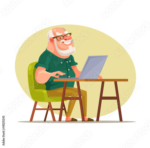 Elderly man character chatting on network. Vector flat cartoon illustration
