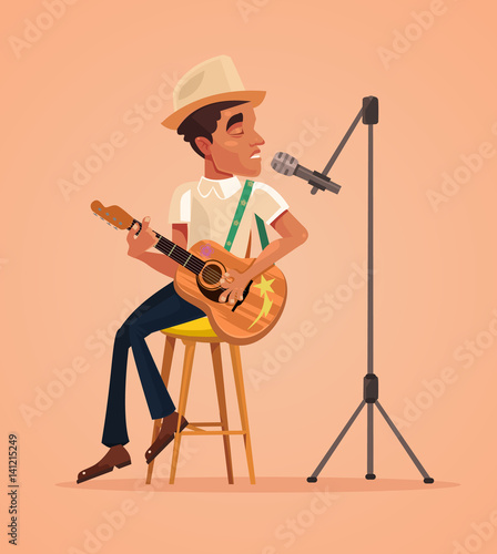 Singer man character sing song and play guitar. Vector flat cartoon illustration