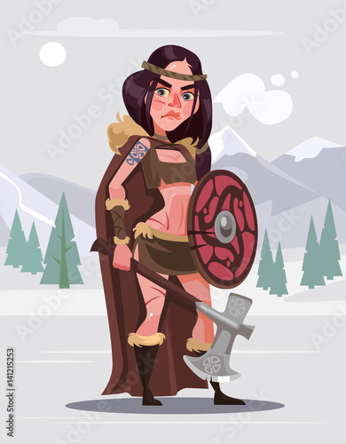 Viking woman warrior character with sword and shield. Vector flat cartoon illustration