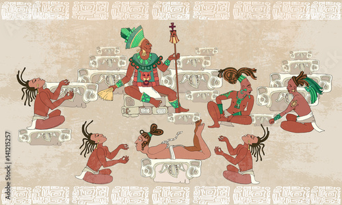 Ancient Maya, Aztec Inca. Traditional Mayan frescoes. Sacrifices scene. Ancient Maya in traditional suits