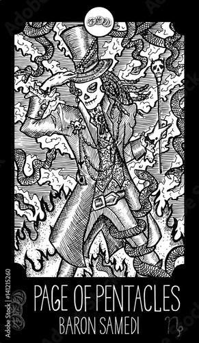Page of Pentacles. Baron Samedi. Minor Arcana Tarot card. Fantasy engraved illustration. See all collection in my portfolio set
